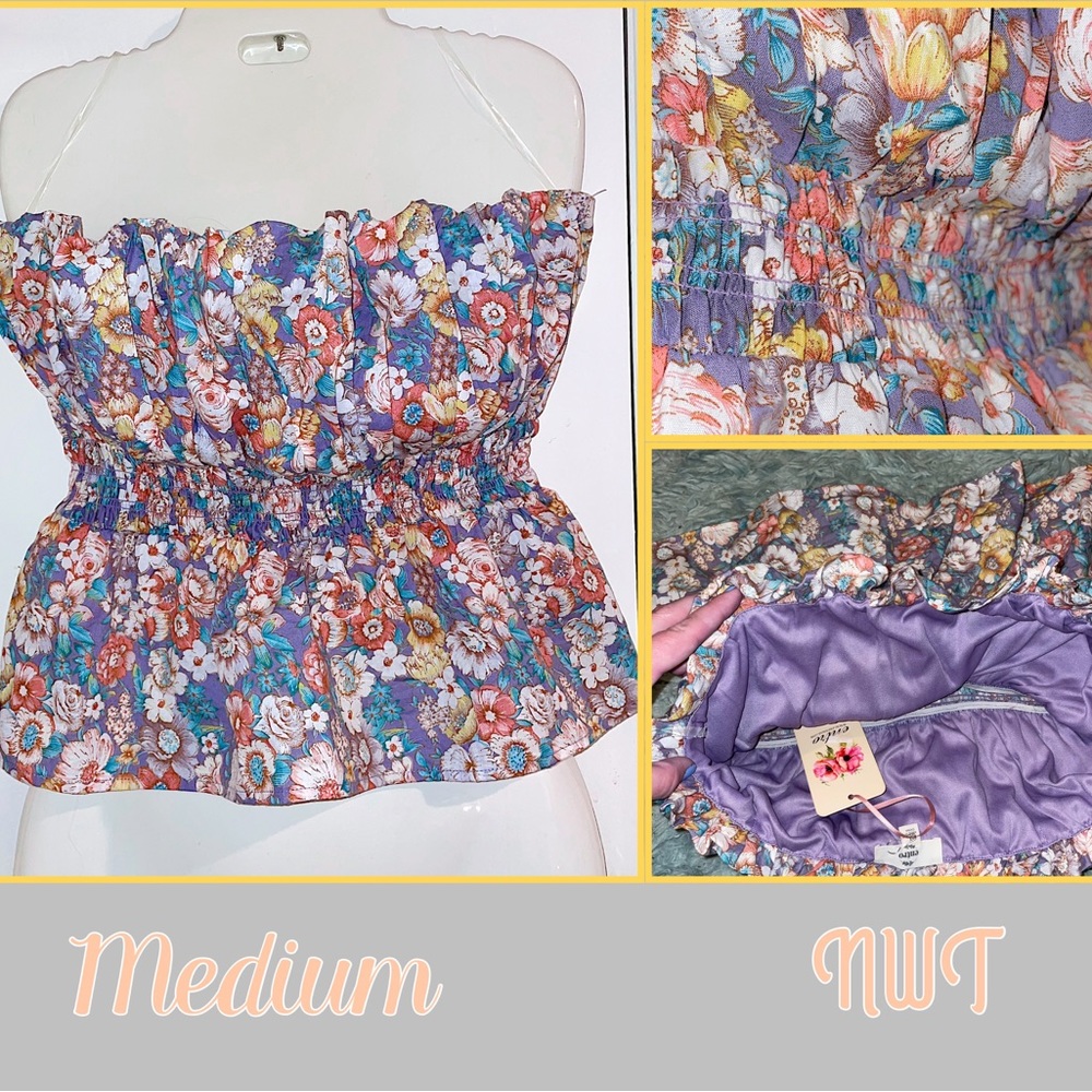 Lavender Floral Print Ruffled Strapless Top by Entro NWT size Medium !